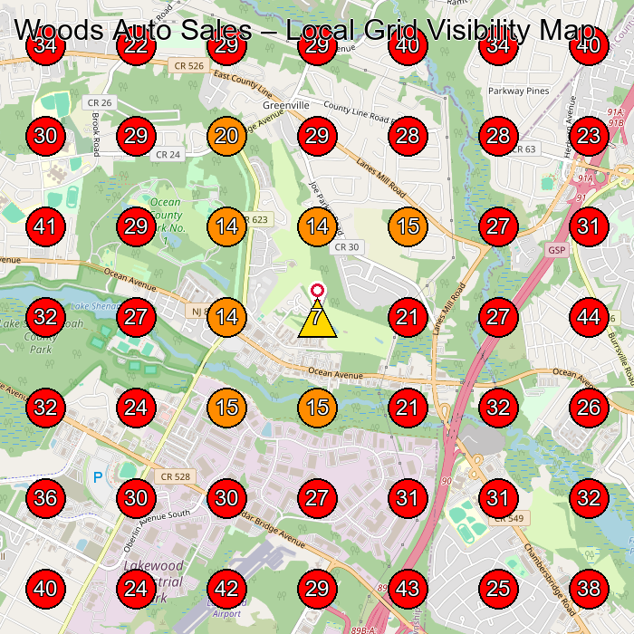 Woods Auto Sales GeoGrid visibility map for Used Car Dealer in Lakewood